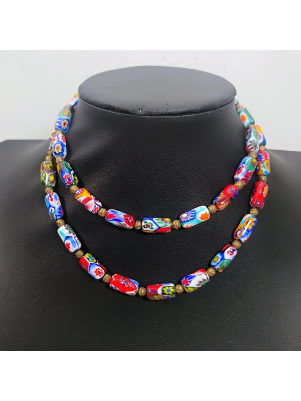 Vtg Venetian Murano Moretti Millefiori Glass Barrel Oblong Bead Necklace 24 1/2"